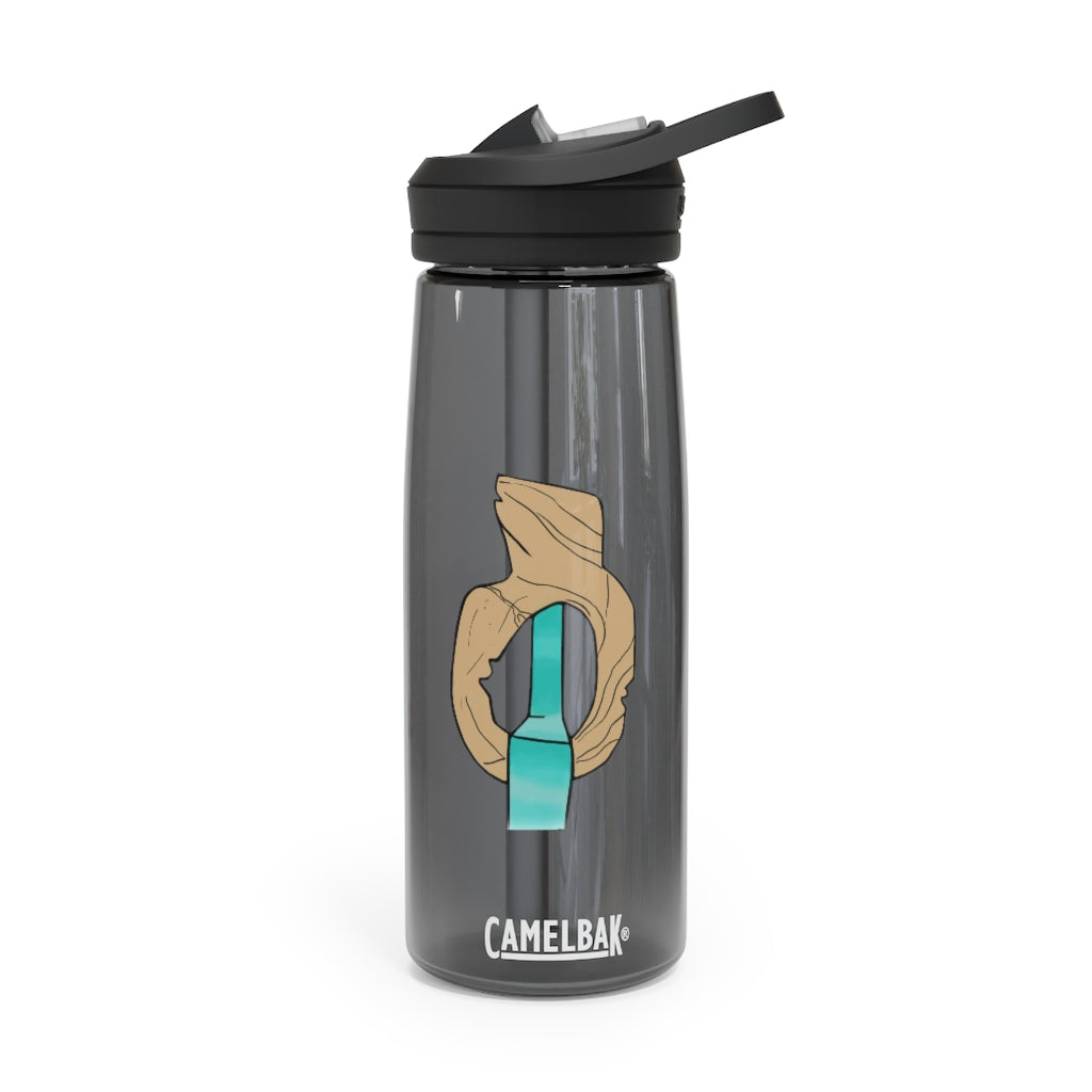 CamelBak Eddy® Water Bottle in Rock with Water design, available in 20oz and 25oz sizes, featuring a spill-proof biting valve and easy-carry handle.